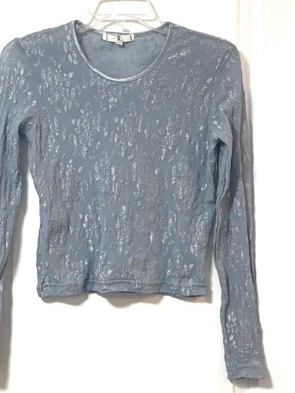 VINTAGE RAMPAGE dusty blue Nylon Stretch Cropped Lace Top Semi-Sheer Shirt S-L